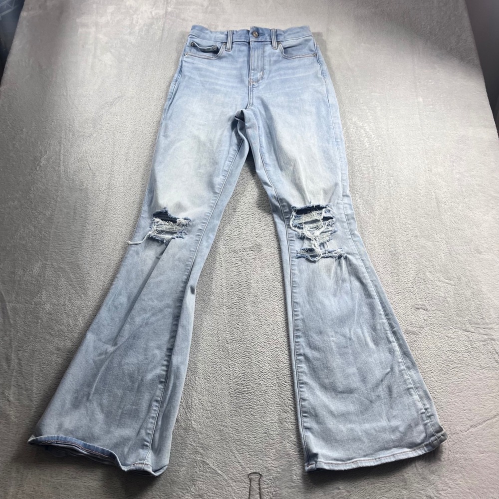 American Eagle Curvy Super High Rise Flare Jeans Light Wash Distressed 4 Long